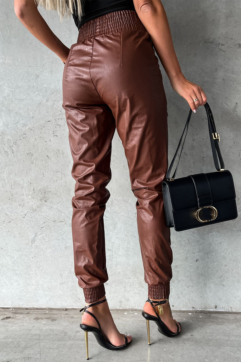 Brown Smocked High-Waist Faux Leather Pant