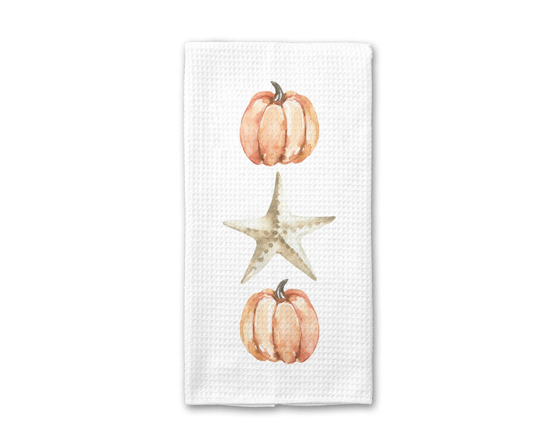 Orange Pumpkins & Starfish Kitchen Towel, Coastal Fall Beach