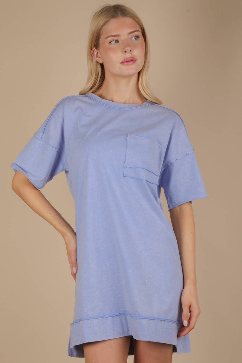 VERY J - ND31634-Mineral Washed Knit Oversized Shift Mini Dress: BLUE / S-M-L/2-2-2