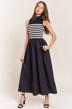 Beige Striped Sleeveless Mock-Neck Maxi Dress