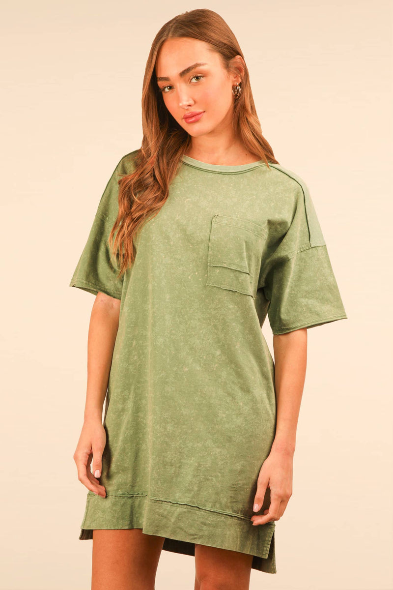 VERY J - ND31634-Mineral Washed Knit Oversized Shift Mini Dress: BLUE / S-M-L/2-2-2