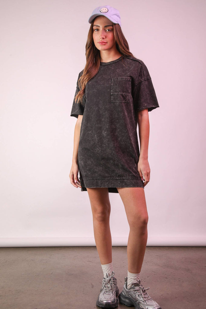VERY J - ND31634-Mineral Washed Knit Oversized Shift Mini Dress: BLUE / S-M-L/2-2-2