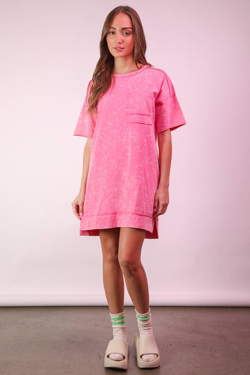 VERY J - ND31634-Mineral Washed Knit Oversized Shift Mini Dress: BLUE / S-M-L/2-2-2
