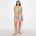 Coral Retro Tropical Print Cotton Mini Dress