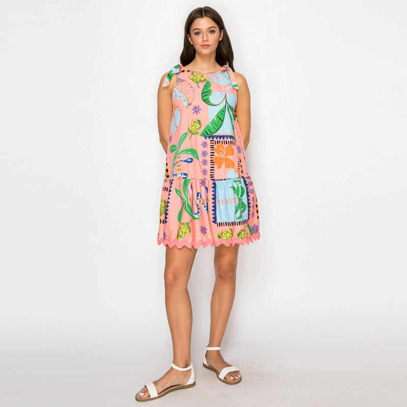 Coral Retro Tropical Print Cotton Mini Dress