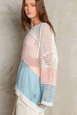 Pink and Block Hooded Open Knit Top