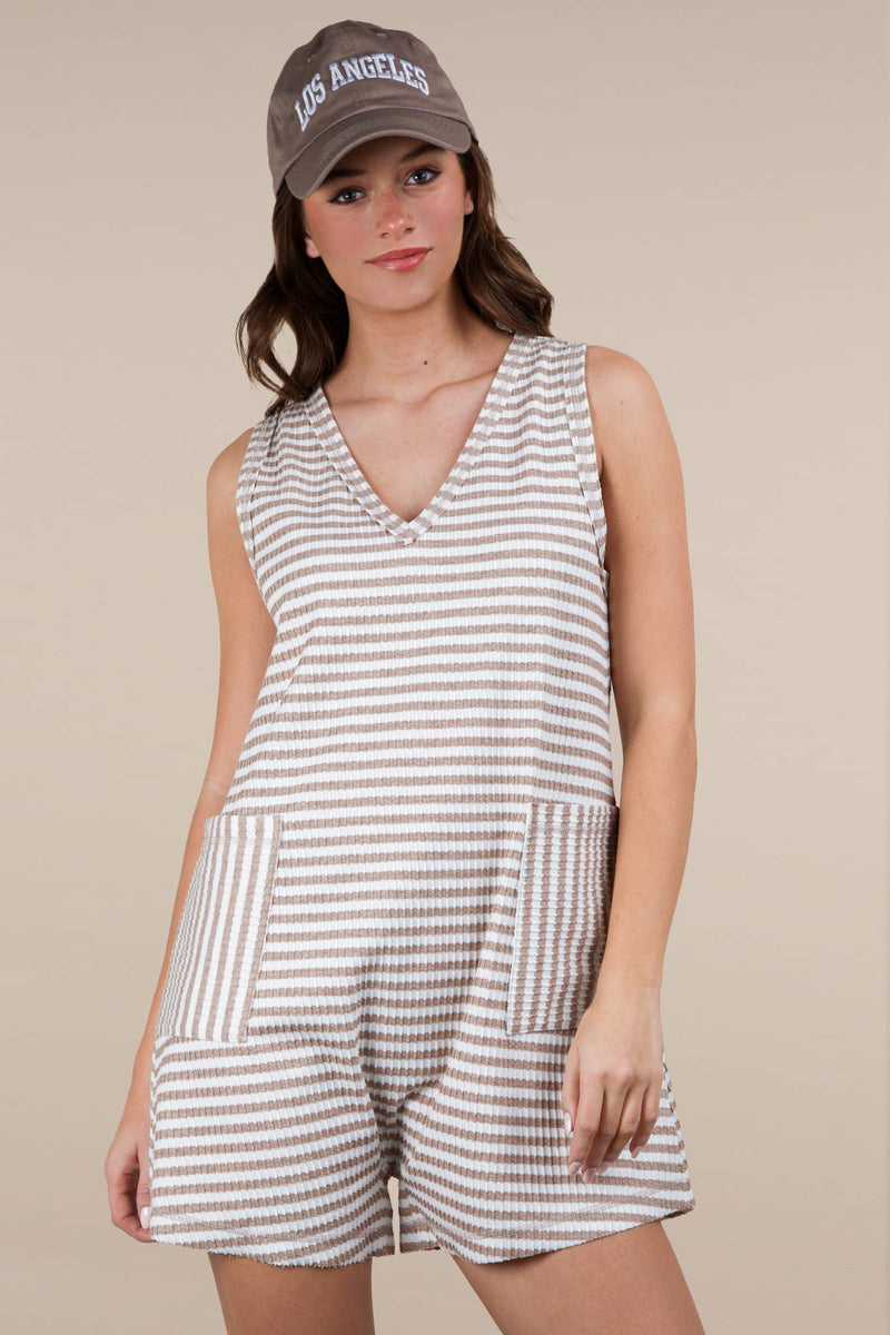 VERY J - NP70744-Striped Knit Casual Comfy Romper: DENIM / S-M-L/2-2-2