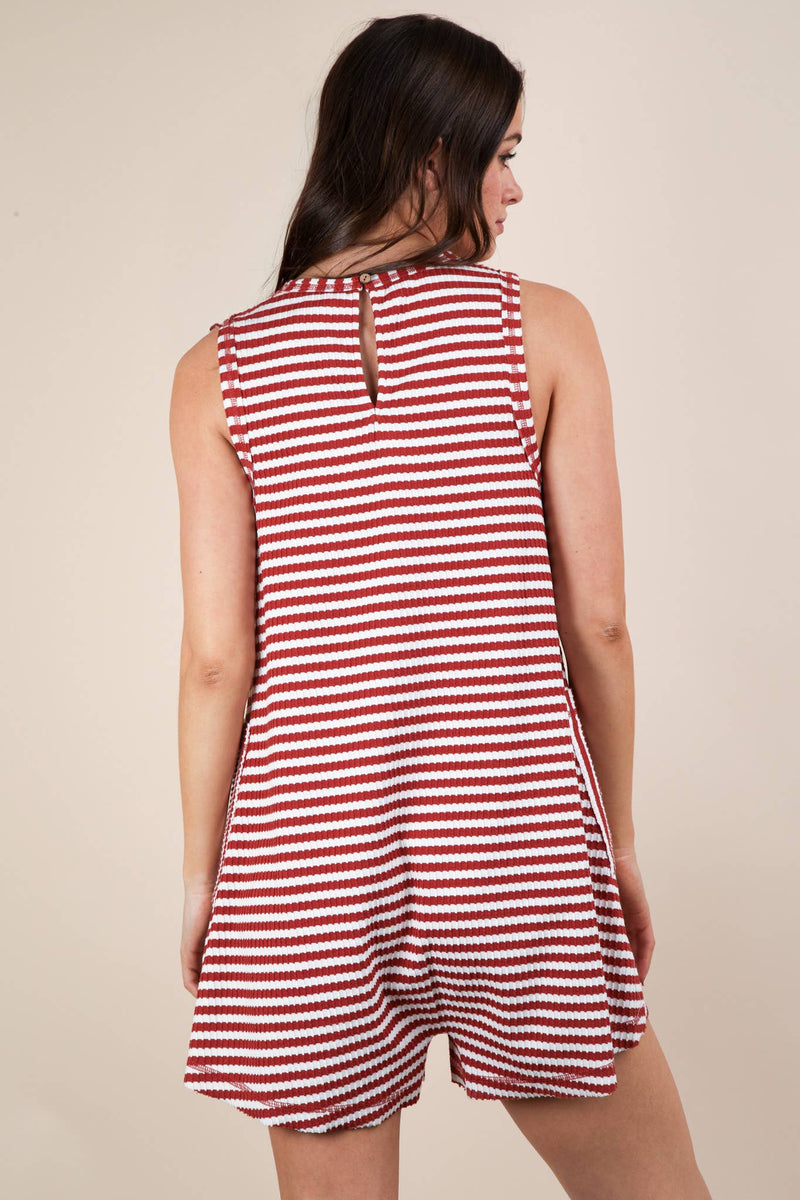 VERY J - NP70744-Striped Knit Casual Comfy Romper: DENIM / S-M-L/2-2-2