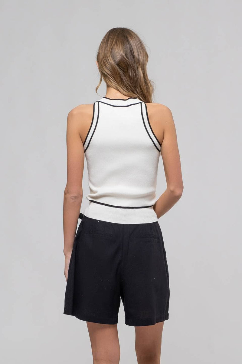 The Workshop Studio - CONTRAST STRIPE SWEATER KNIT HALTER TOP: BLACK