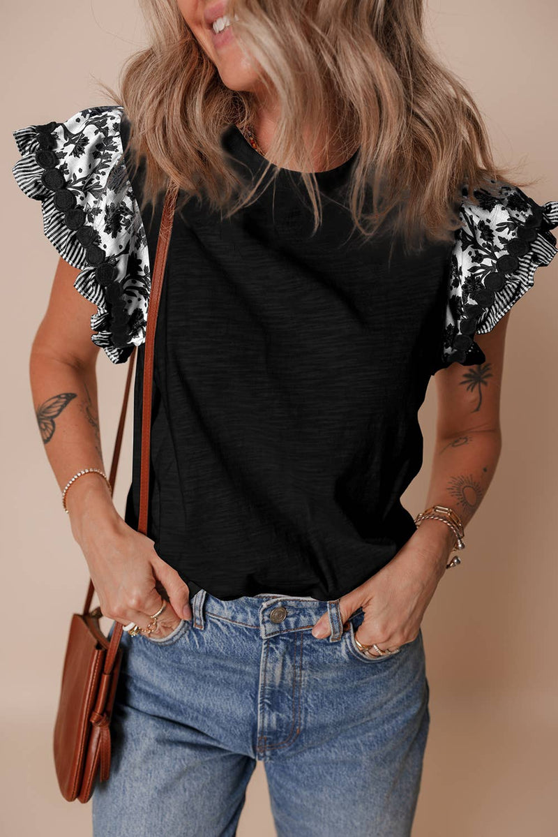 Little Daisy Closet - LDC Ricrac Trim Flutter Sleeve Contrast Patchwork Blouse: Blue / M