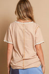 Pol Clothing - Colored trim v-neck short sleeve solid basic knit top: PALE SAGE / S