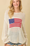 Main Strip - 4th of July Boat Neck Crochet Sweater Knit Top: IVORY / S