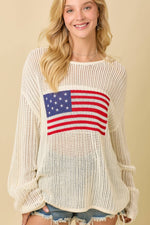 Main Strip - 4th of July Boat Neck Crochet Sweater Knit Top: IVORY / S