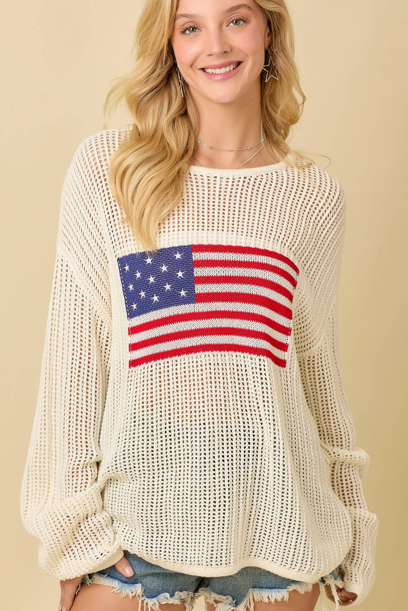 Main Strip - 4th of July Boat Neck Crochet Sweater Knit Top: IVORY / S