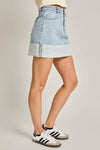 LE LIS - HIGH WAISTED CUFFED DENIM MINI SKIRT: Washed Denim / S
