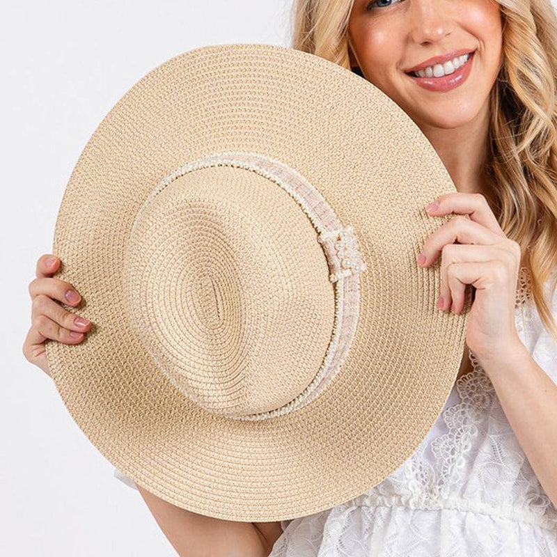 TWEED AND PEARL BAND STRAW SUN HAT
