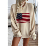 Knit Round Neck Flag Print Loose Fit Sweater: BEIGE