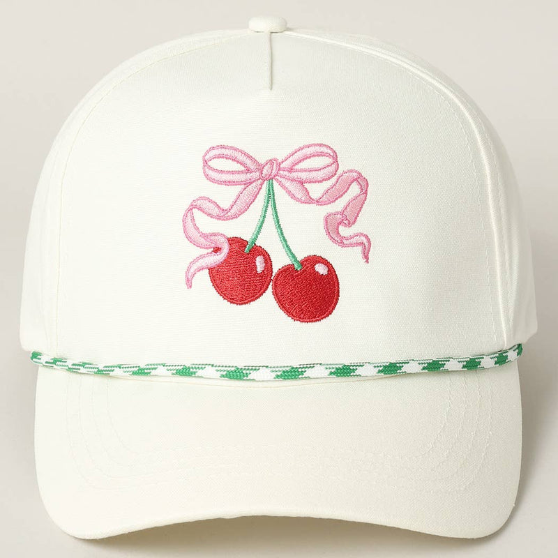 Cherry Ribbon Image Embroidery 5 Panel Trucker Hat