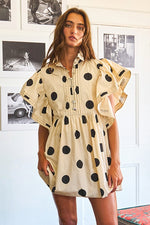 Ruffle Sleeve Pintuck Detail Polka Dot Mini Dress
