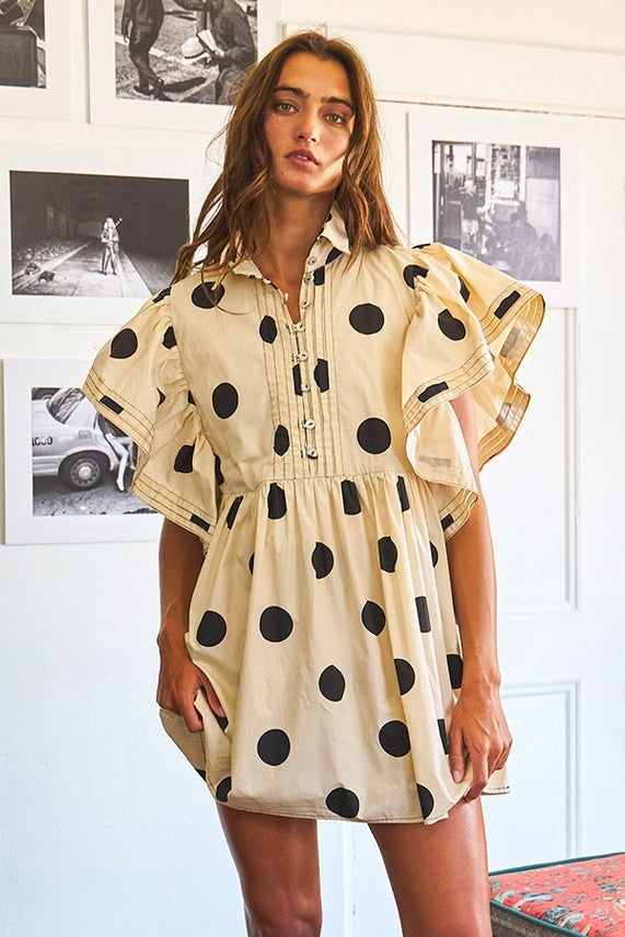 Ruffle Sleeve Pintuck Detail Polka Dot Mini Dress
