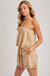 Bluivy - STRAPLESS EMBROIDERED TRIM JUMPSUIT: Beige / S