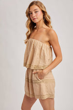Bluivy - STRAPLESS EMBROIDERED TRIM JUMPSUIT: Beige / S