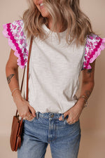 Little Daisy Closet - LDC Ricrac Trim Flutter Sleeve Contrast Patchwork Blouse: Blue / M