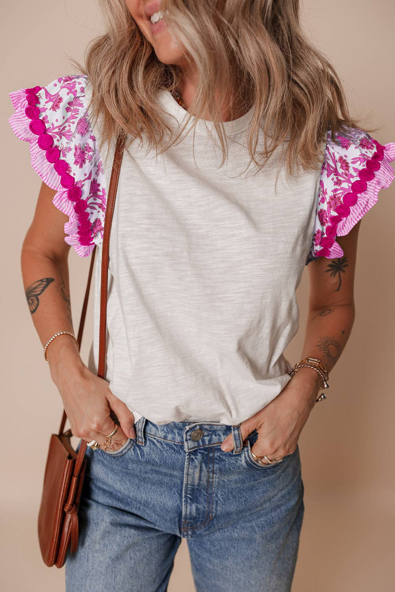 Little Daisy Closet - LDC Ricrac Trim Flutter Sleeve Contrast Patchwork Blouse: Blue / M