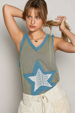 Pol Clothing - V-neck sleeveless color block front crochet star solid top: BASIL/DEEP TEAL / S