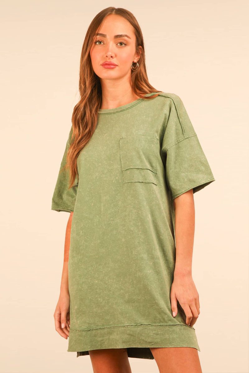 VERY J - ND31634-Mineral Washed Knit Oversized Shift Mini Dress: BLUE / S-M-L/2-2-2