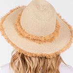 FRAYED BAND AND TRIM STRAW SUN HAT