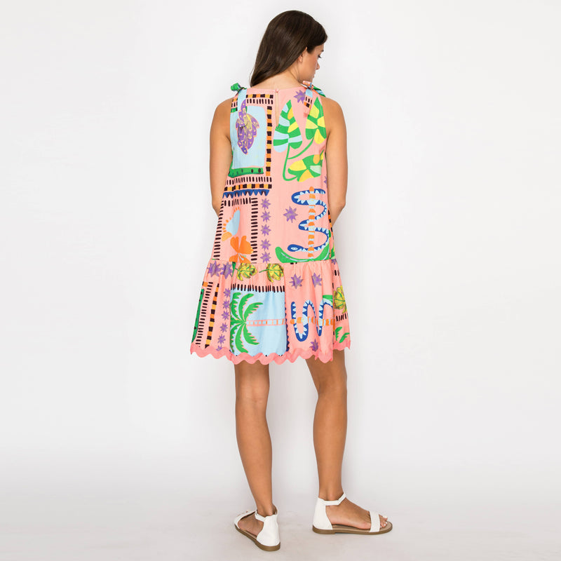 Coral Retro Tropical Print Cotton Mini Dress