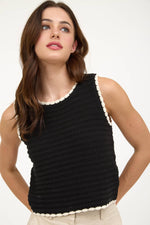 The Workshop Studio - CONTRAST TRIM CROCHET KNIT SLEEVELESS SWEATER TOP: IVORY