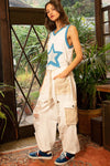 Pol Clothing - V-neck sleeveless color block front crochet star solid top: BASIL/DEEP TEAL / S