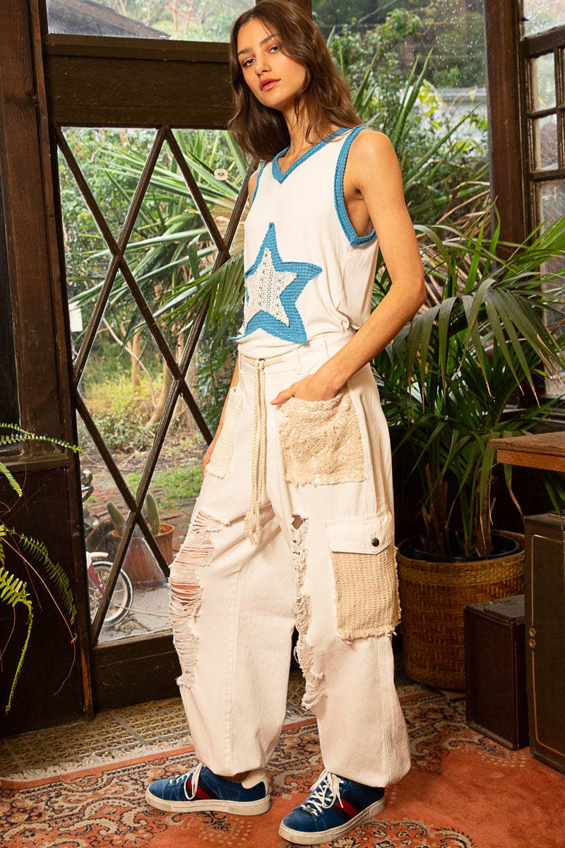Pol Clothing - V-neck sleeveless color block front crochet star solid top: BASIL/DEEP TEAL / S