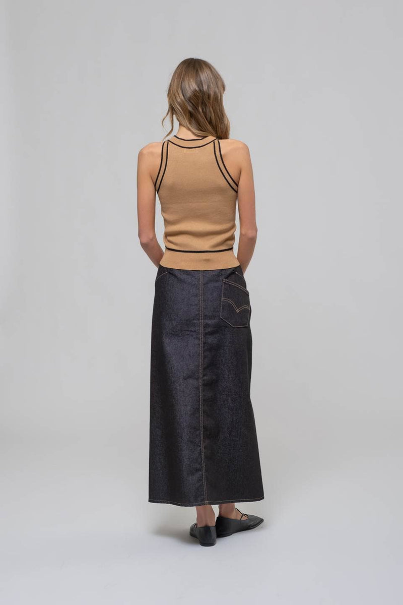 The Workshop Studio - CONTRAST STRIPE SWEATER KNIT HALTER TOP: BLACK