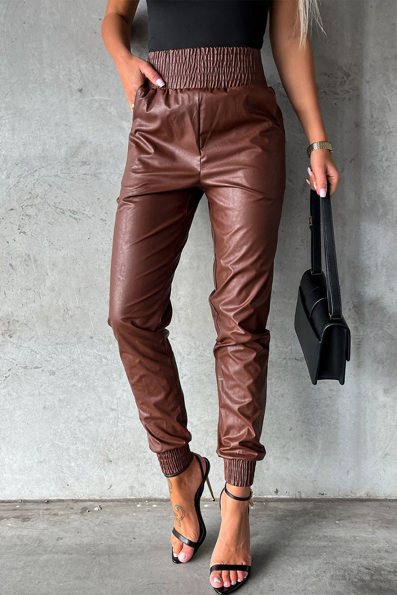 Brown Smocked High-Waist Faux Leather Pant