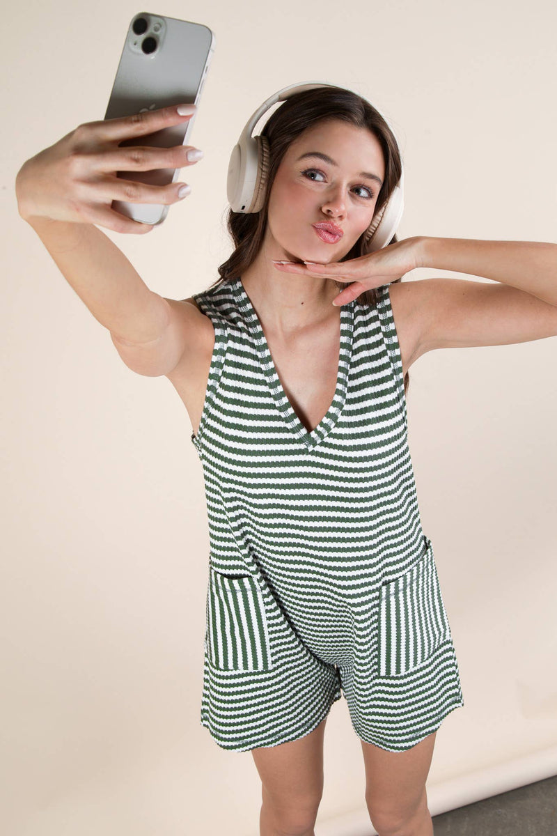 VERY J - NP70744-Striped Knit Casual Comfy Romper: DENIM / S-M-L/2-2-2