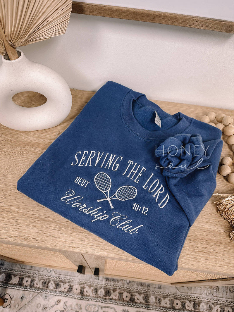 Honey Soul LLC - Embroidered Serving The Lord Sweatshirt: Indigo / Xlarge