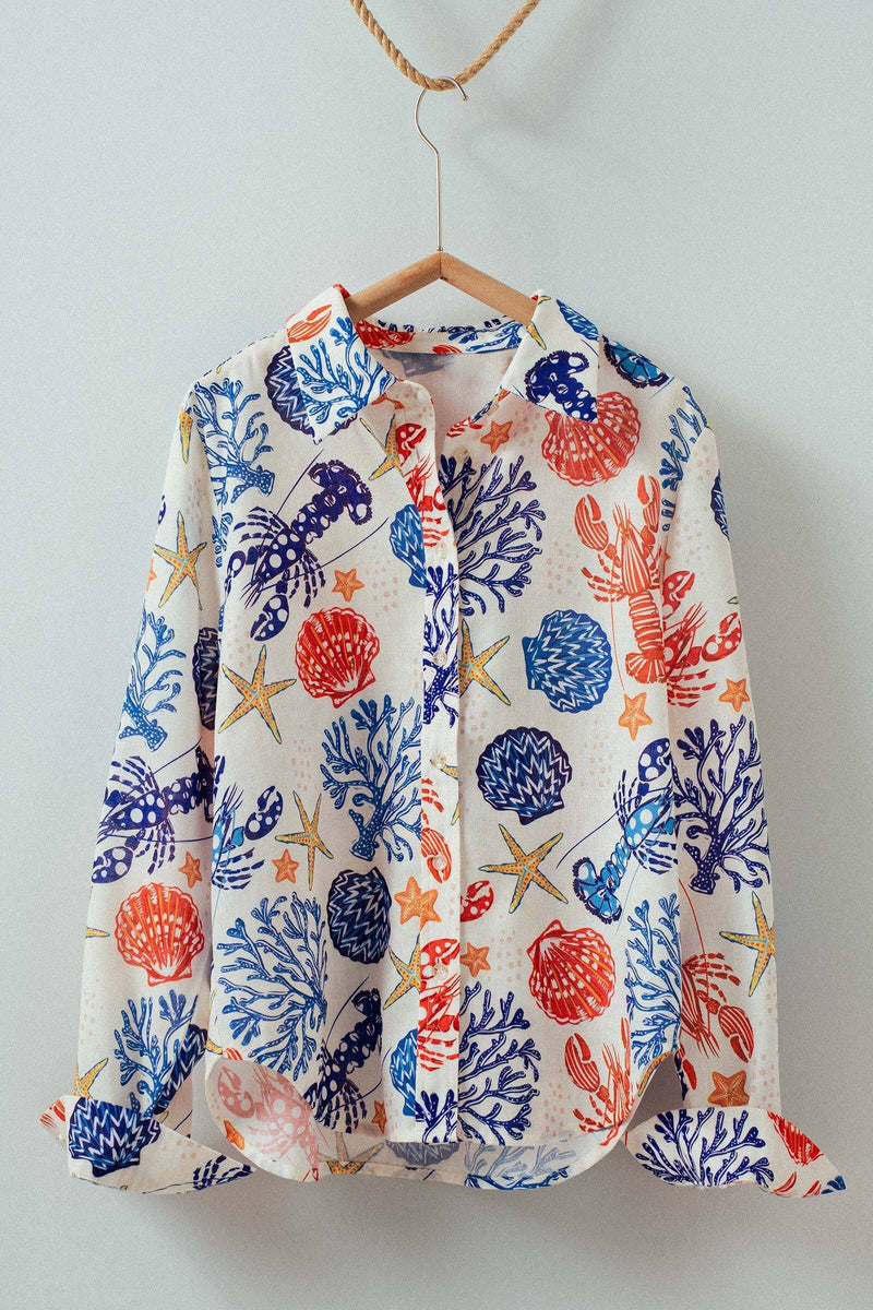 Urban Daizy - Ocean Shell & Lobster Print Relaxed Summer Shirt: MULTI / S-2/M-2/L-2