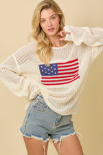 Main Strip - 4th of July Boat Neck Crochet Sweater Knit Top: IVORY / S