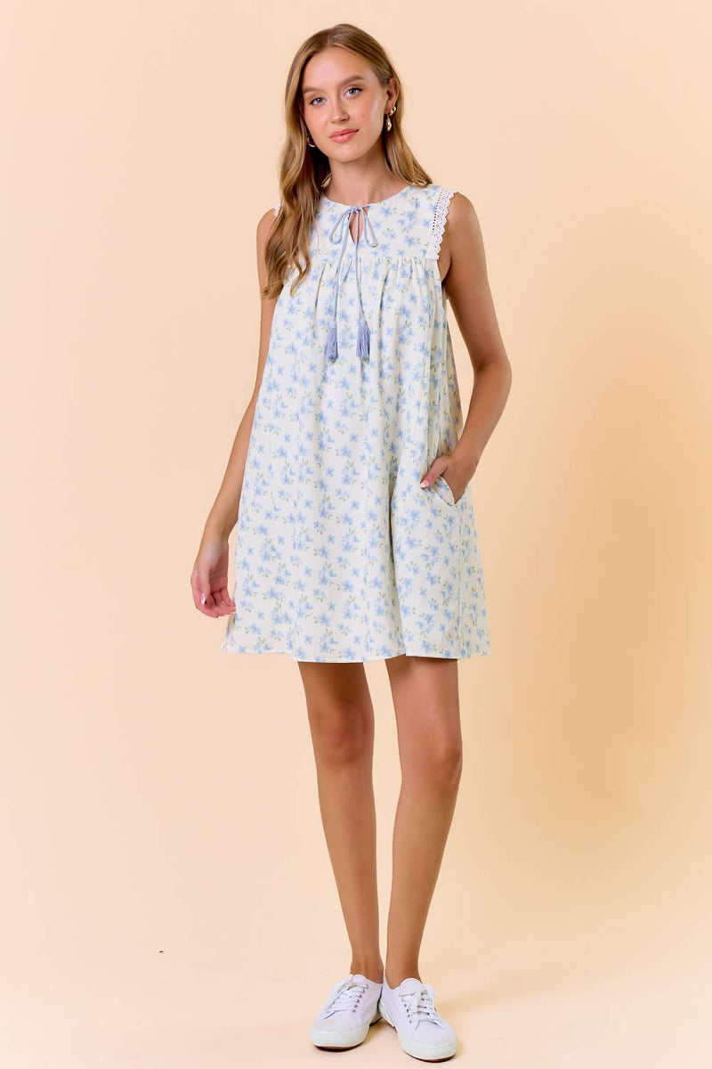 Floral Tie Front Lace Ruffled Sleeveless Mini Dress