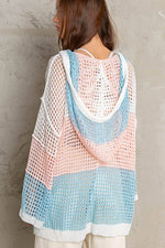 Pink and Block Hooded Open Knit Top