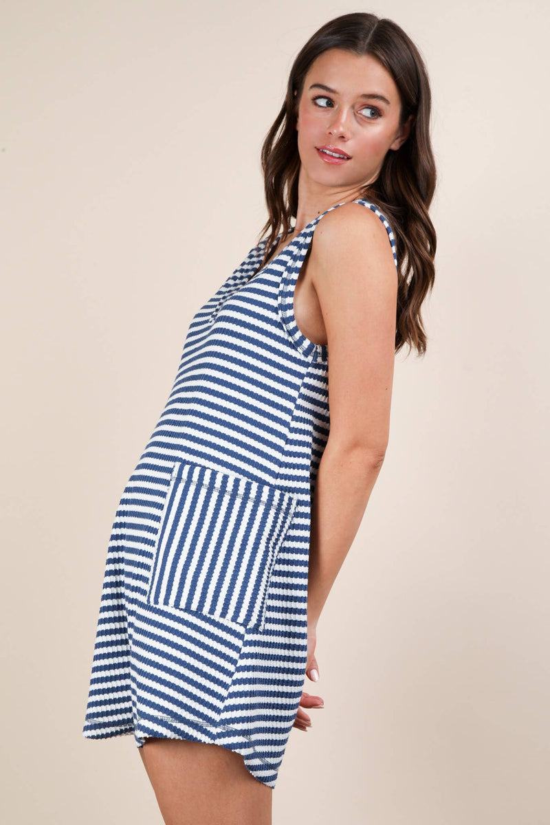 VERY J - NP70744-Striped Knit Casual Comfy Romper: DENIM / S-M-L/2-2-2