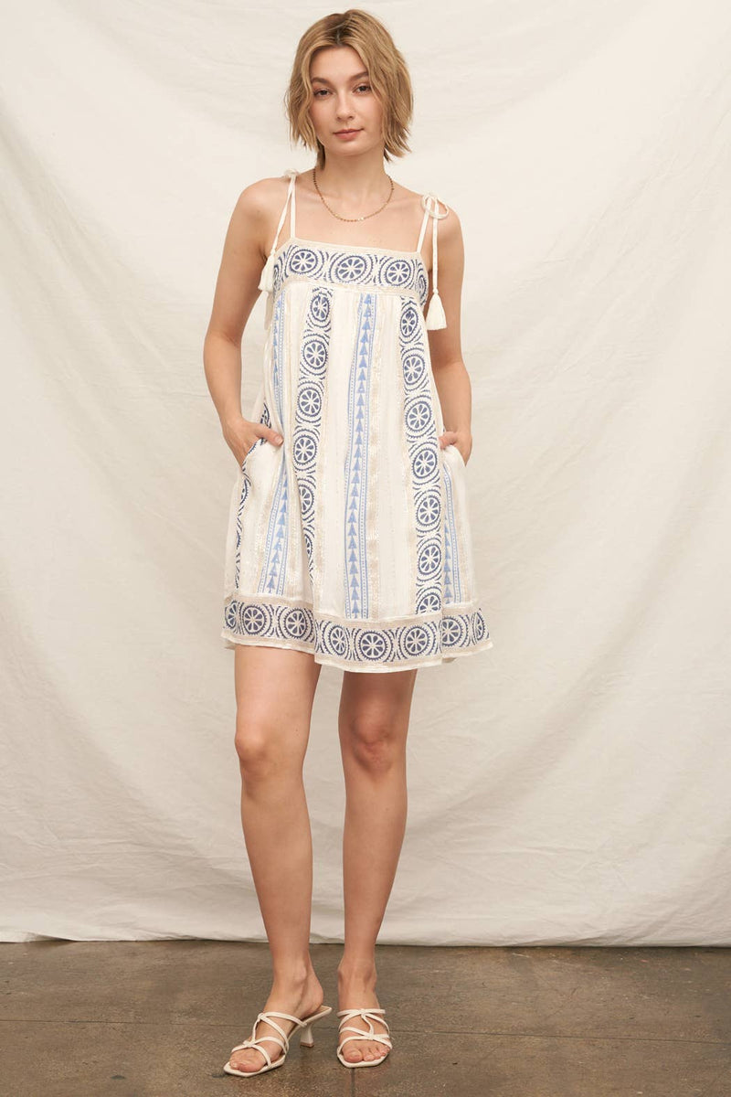En Crème - Embroidered Mini Dress with Tassel Shoulder Ties and Lurex D: White Blue / S