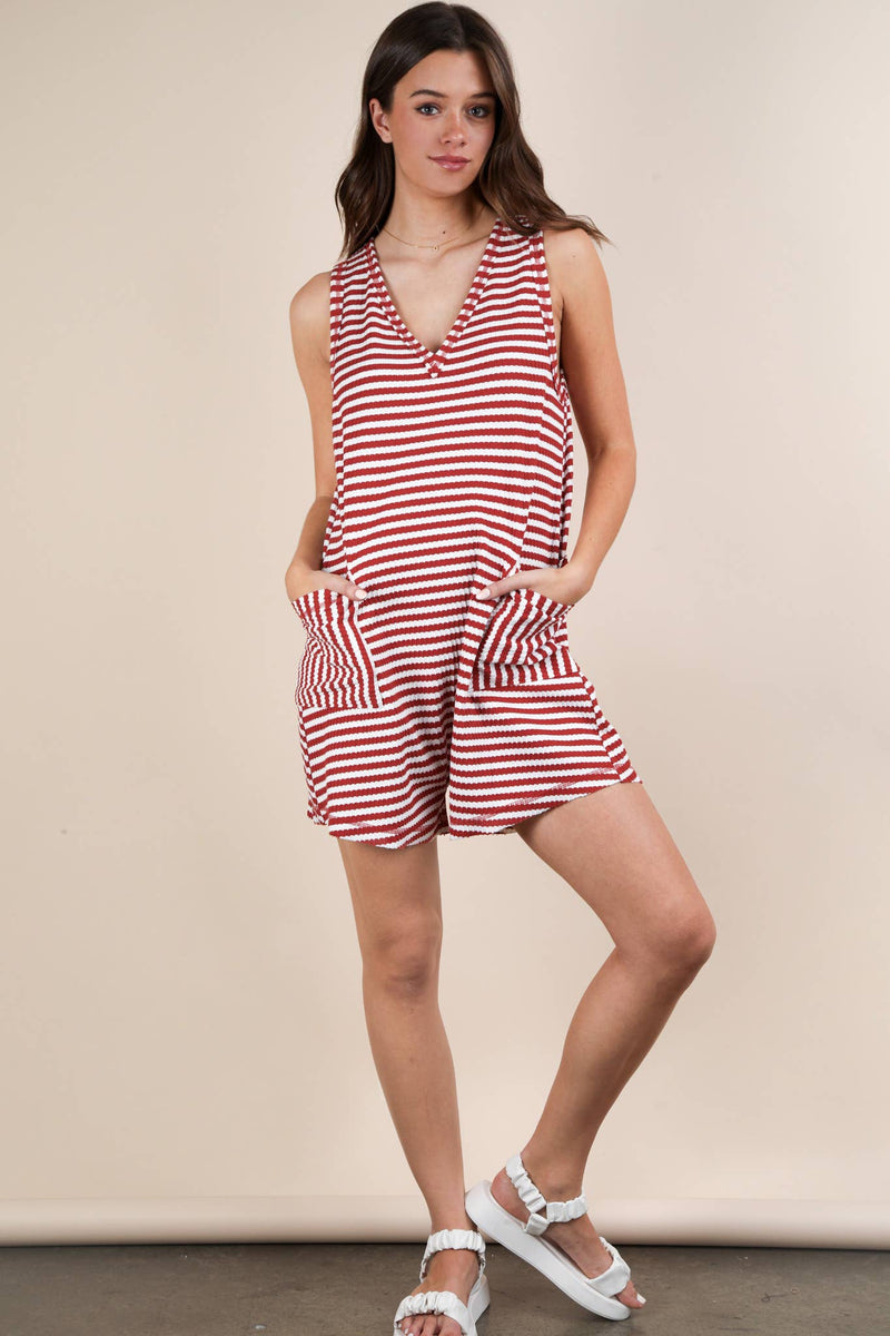 VERY J - NP70744-Striped Knit Casual Comfy Romper: DENIM / S-M-L/2-2-2