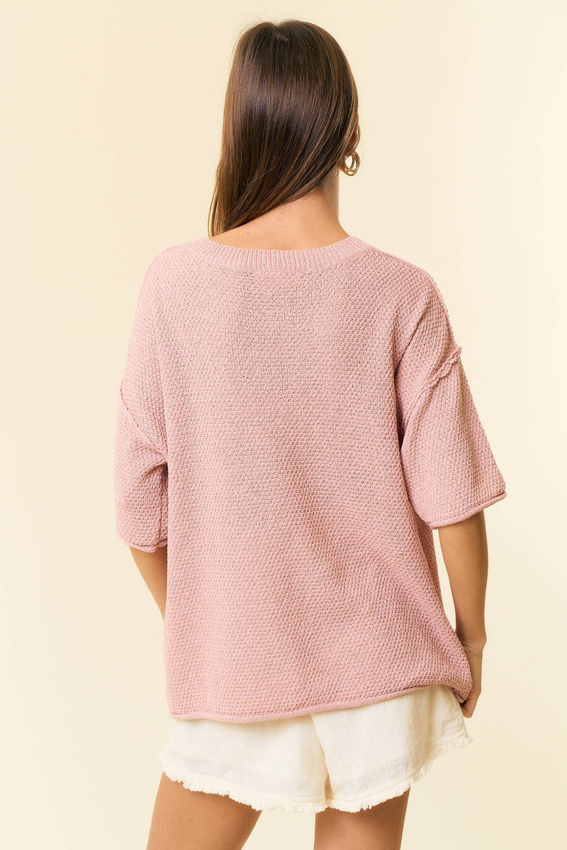 V-Neck Dropped Short Sleeve Exposed Seam Sweater