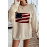 Knit Round Neck Flag Print Loose Fit Sweater: BEIGE