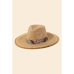 Leopard Strap Flat Brim Straw Fedora Hat