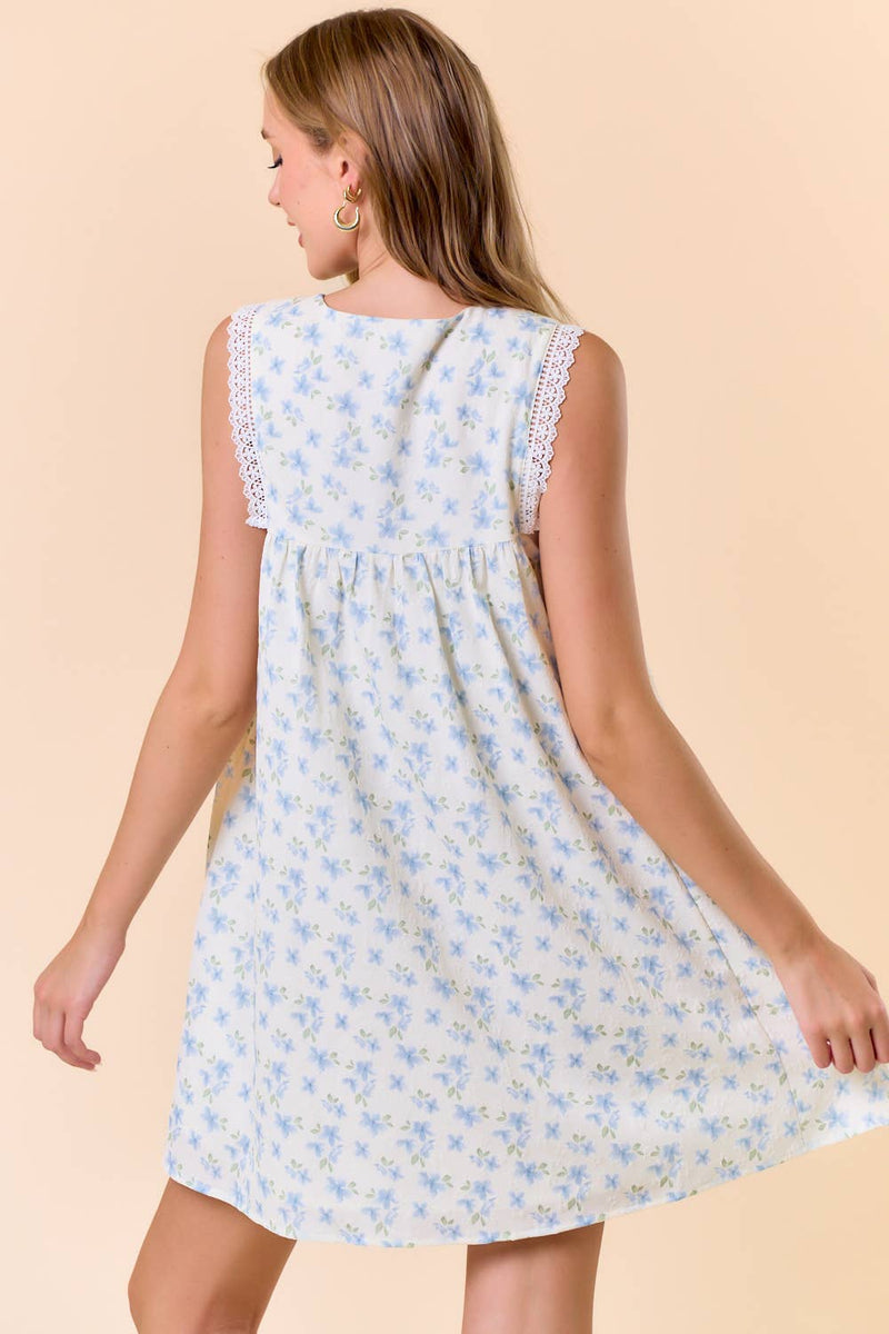 Floral Tie Front Lace Ruffled Sleeveless Mini Dress
